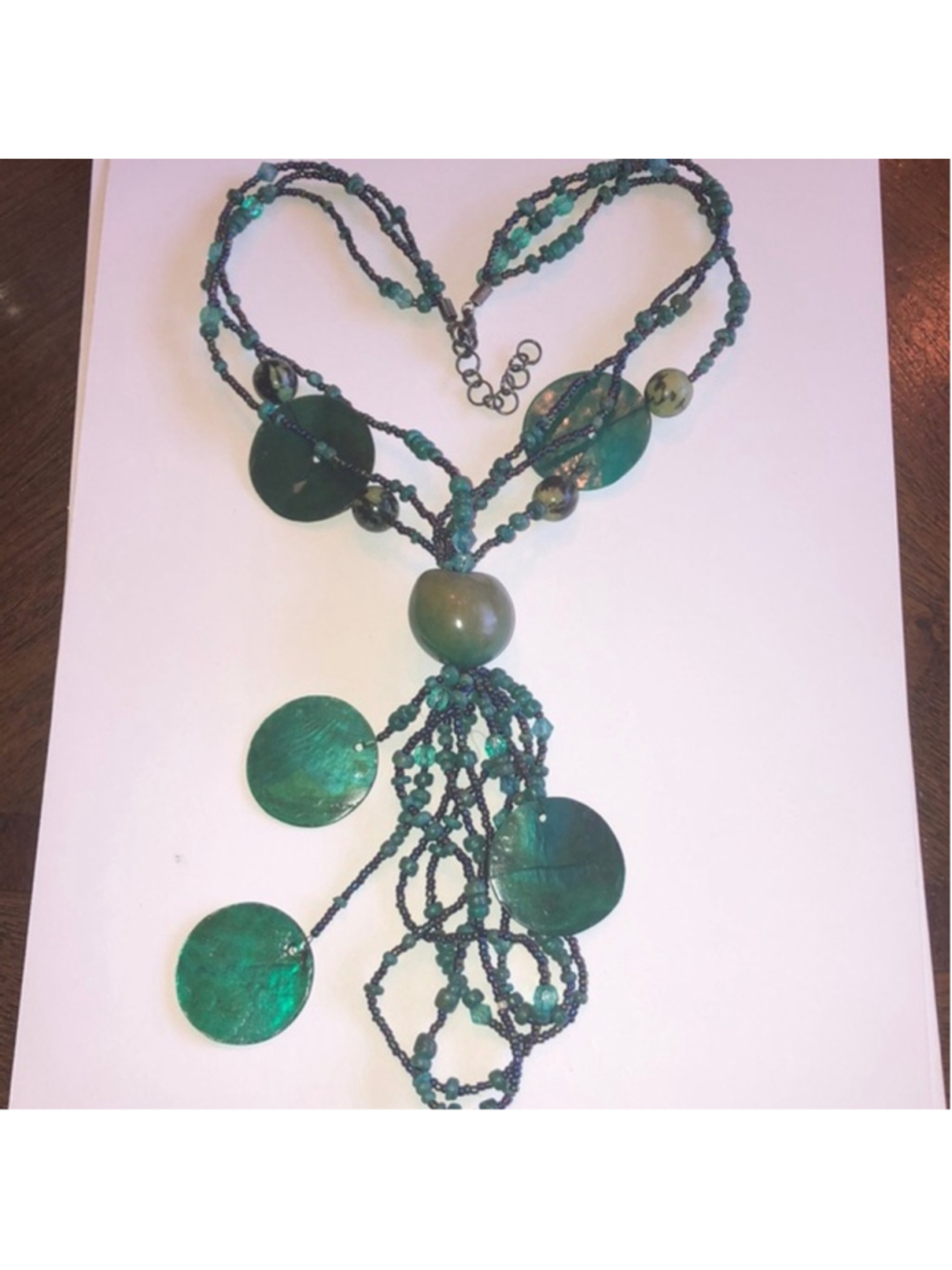 Teal Green Beaded Abalone Chunky Retro Boho Y Drop Statement Necklace